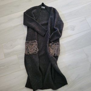 Mango Long Cardigan with Faux Fur Pockets